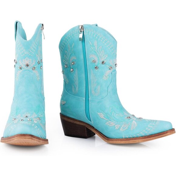 Women's Blue Embroidered Side Zipper Comfortable Chunky Heel Western Boot - Picture 5 of 6